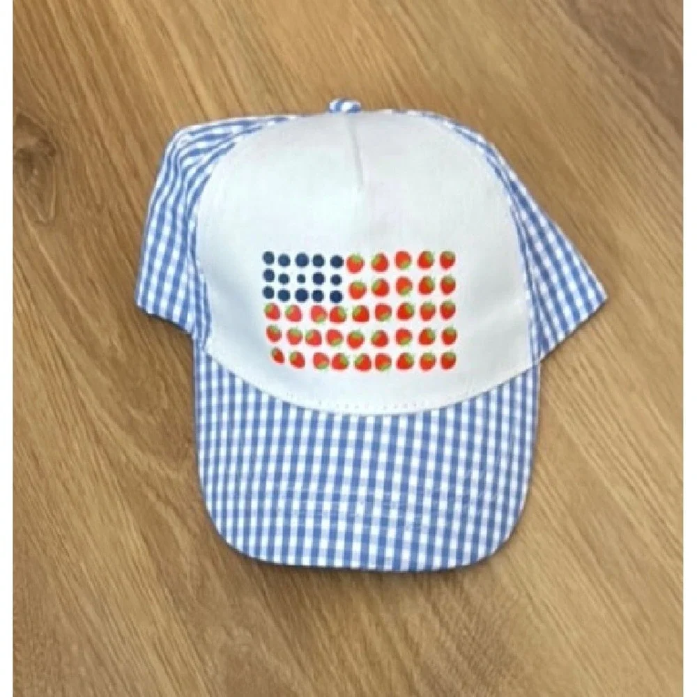 C&C California Kids Blue Gingham Strawberry Flag Cap Girls 4-6